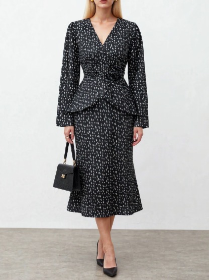 Women's Elegant V Neck Long Sleeve Peplum Top and Mermaid Midi Skirt 2 Piece Outfit with Belt