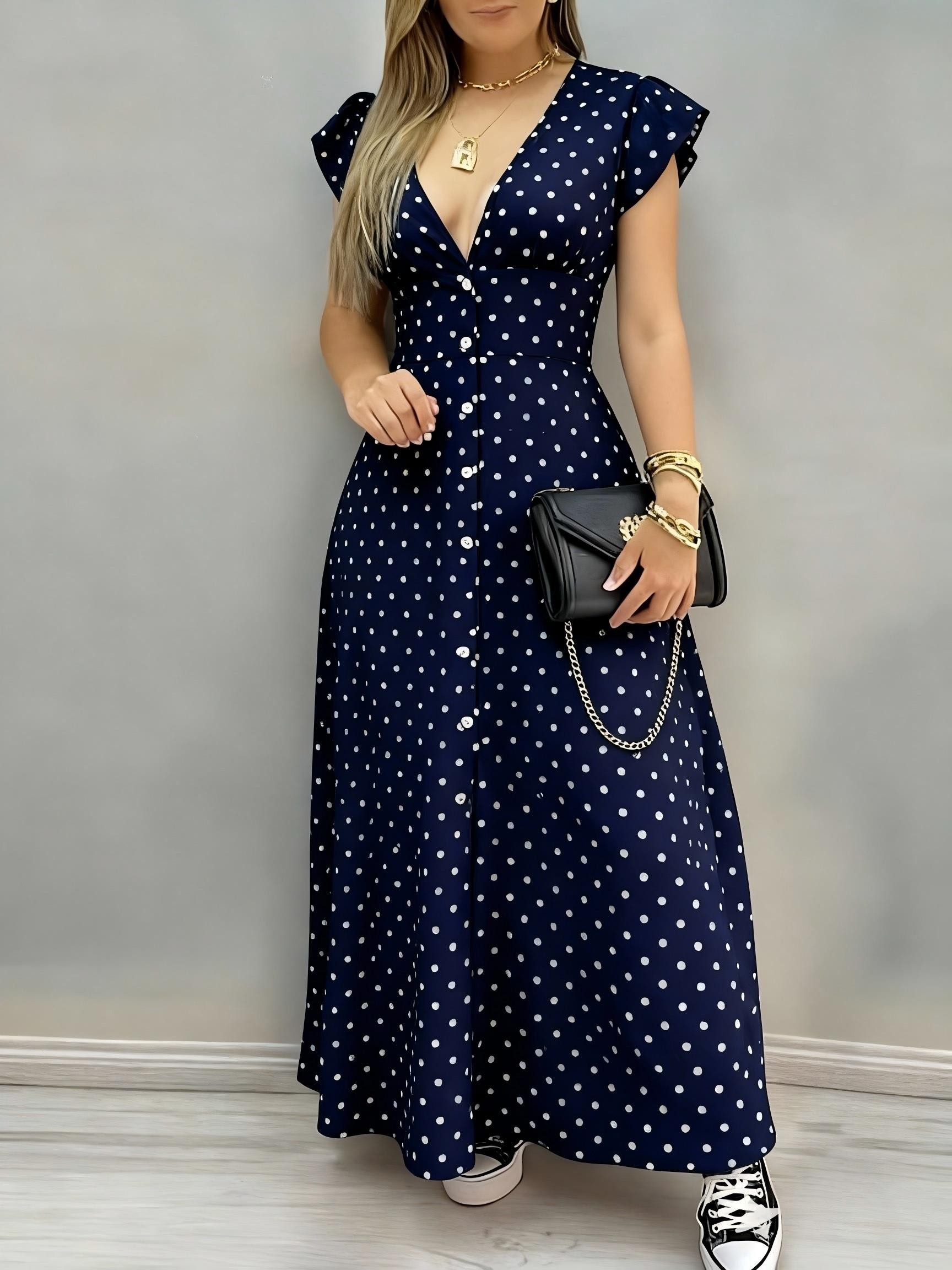 Navy Blue Polka Dot V-neck Ruffle Hem Dress, Vintage Long Dress