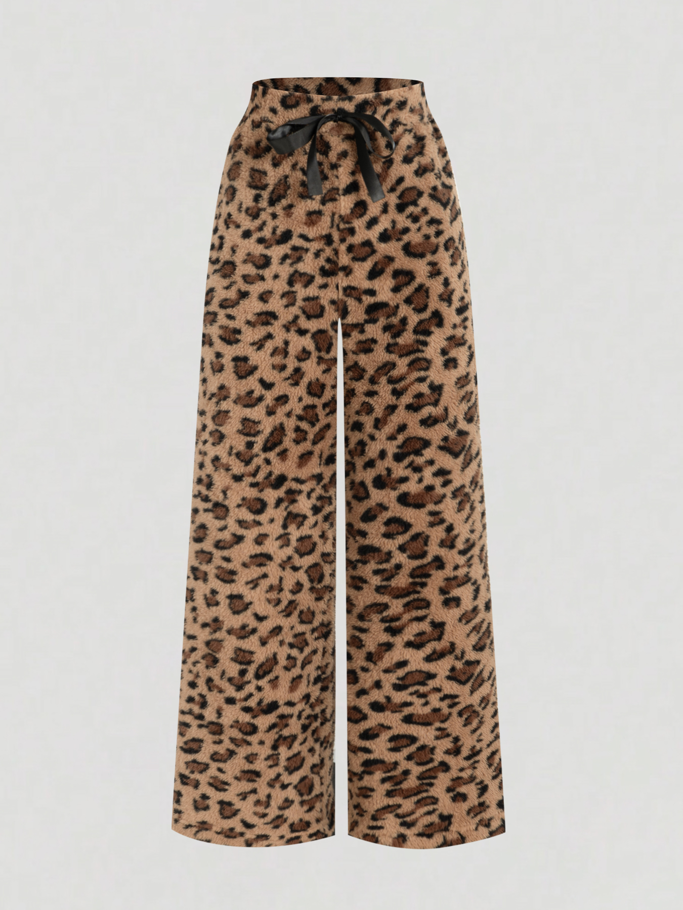 Leopard Print Fuzzy Wide Leg Pants with Drawstring Waist-Aegean-sea