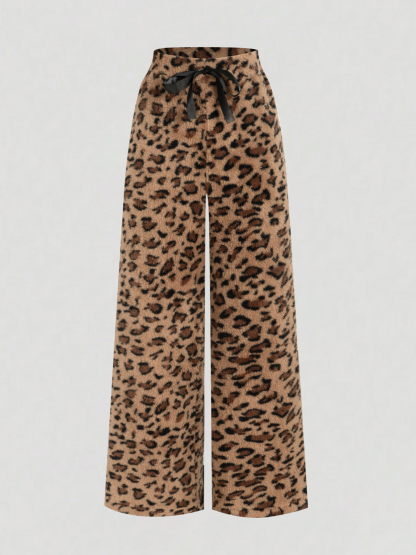 Leopard Print Fuzzy Wide Leg Pants with Drawstring Waist-Aegean-sea