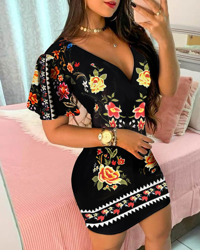 Woman's Floral Print Deep V Short Sleeve Bodycon Mini Dress-Aegean-sea