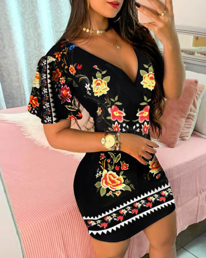 Woman's Floral Print Deep V Short Sleeve Bodycon Mini Dress-Aegean-sea
