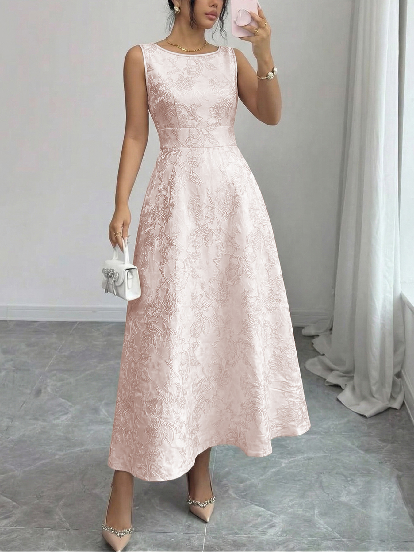 Pink floral-trimmed, bow-tied back dress, party dress