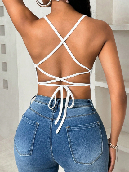 Women's White Deep V - Neck Asymmetric Hem Cami Top-Aegean-sea