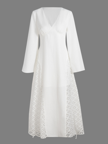Women's Boho V Neck Long Sleeve Crochet Lace Side Maxi Dress with Tie Back