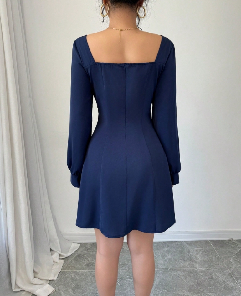 Woman's Navy Blue Square Neck Long-Sleeve Fit-and-Flare Mini Dress-Aegean-sea