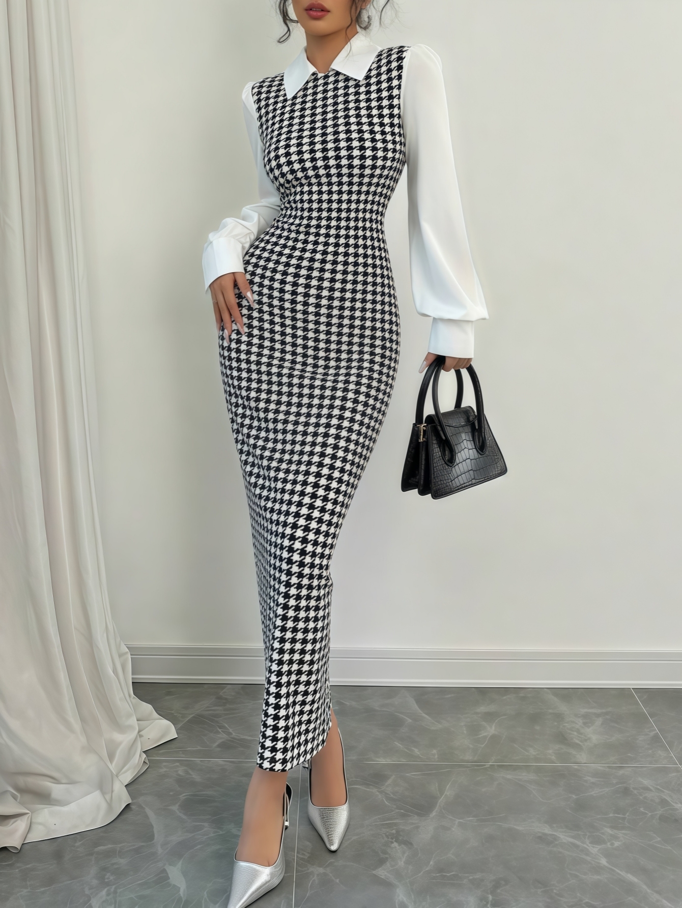Woman's Black & White Houndstooth Two-In-One Dress | White Shirt Collar Puff Sleeve Fitted Maxi Office Dress-Aegean-sea