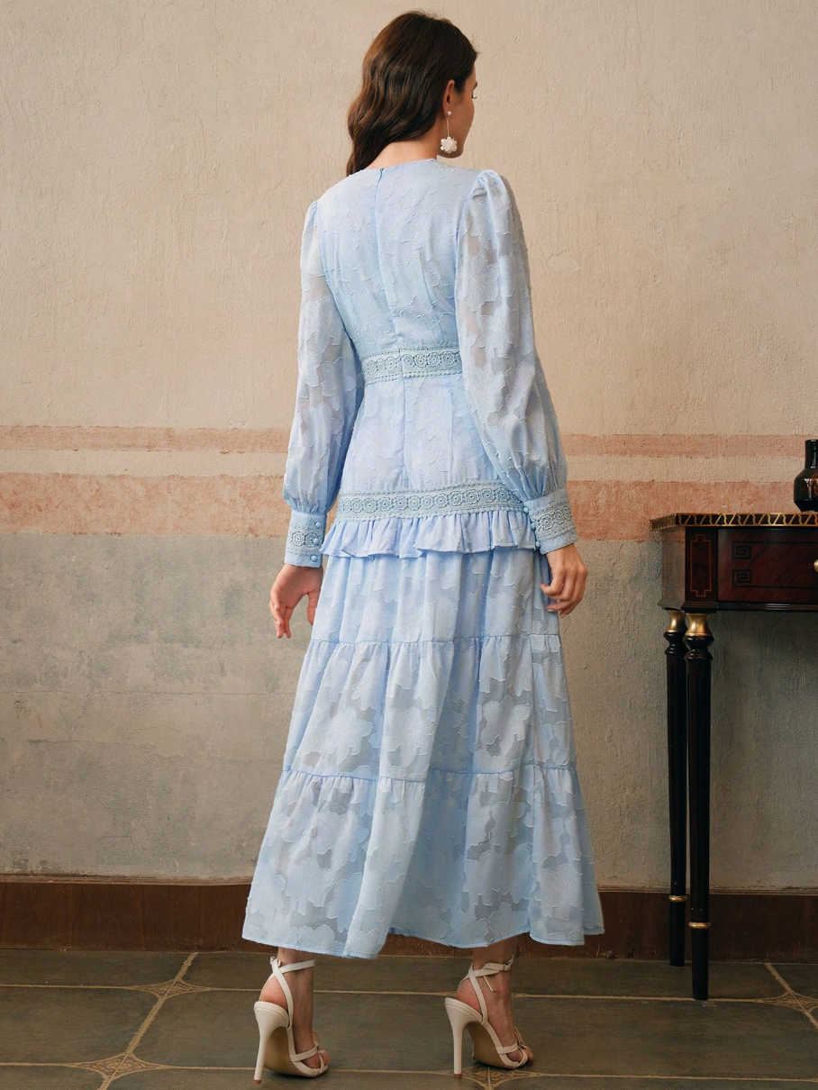 Women's V-Neck Puff Sleeve Tiered Maxi Dress - Lace Trim Embroidered Boho Gown