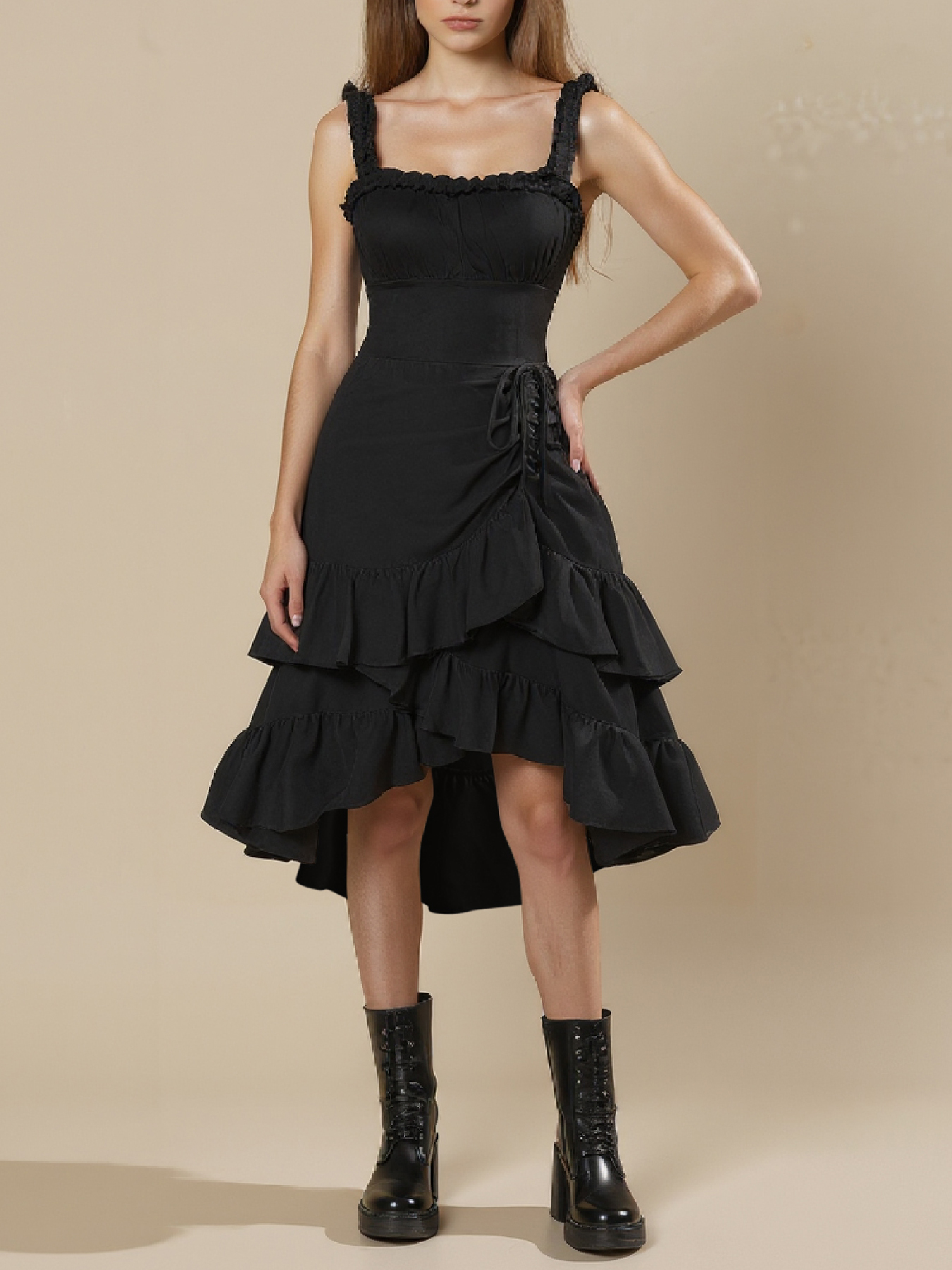Black Square Neck Ruffled Tiered Dress - Lace Trim Straps & Asymmetrical Hem