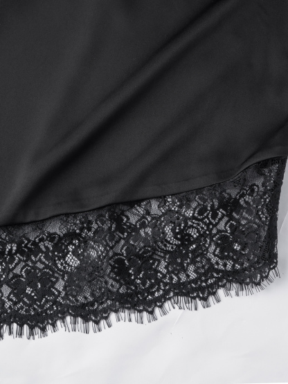 Black satin slingback vest, asymmetric lace stitching sleeveless top with asymmetric hem