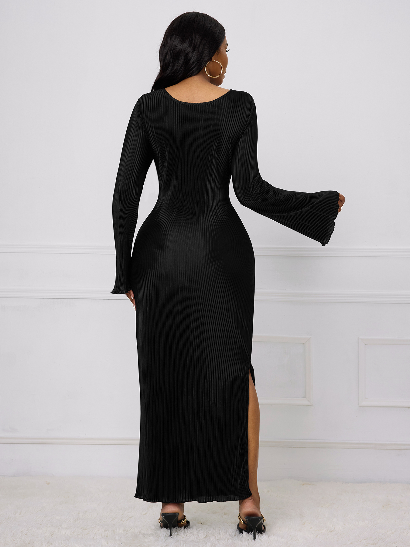 Woman's Long Sleeve Maxi Dress with Bell Sleeves, Vertical Pleats and Side Slit-Aegean-sea