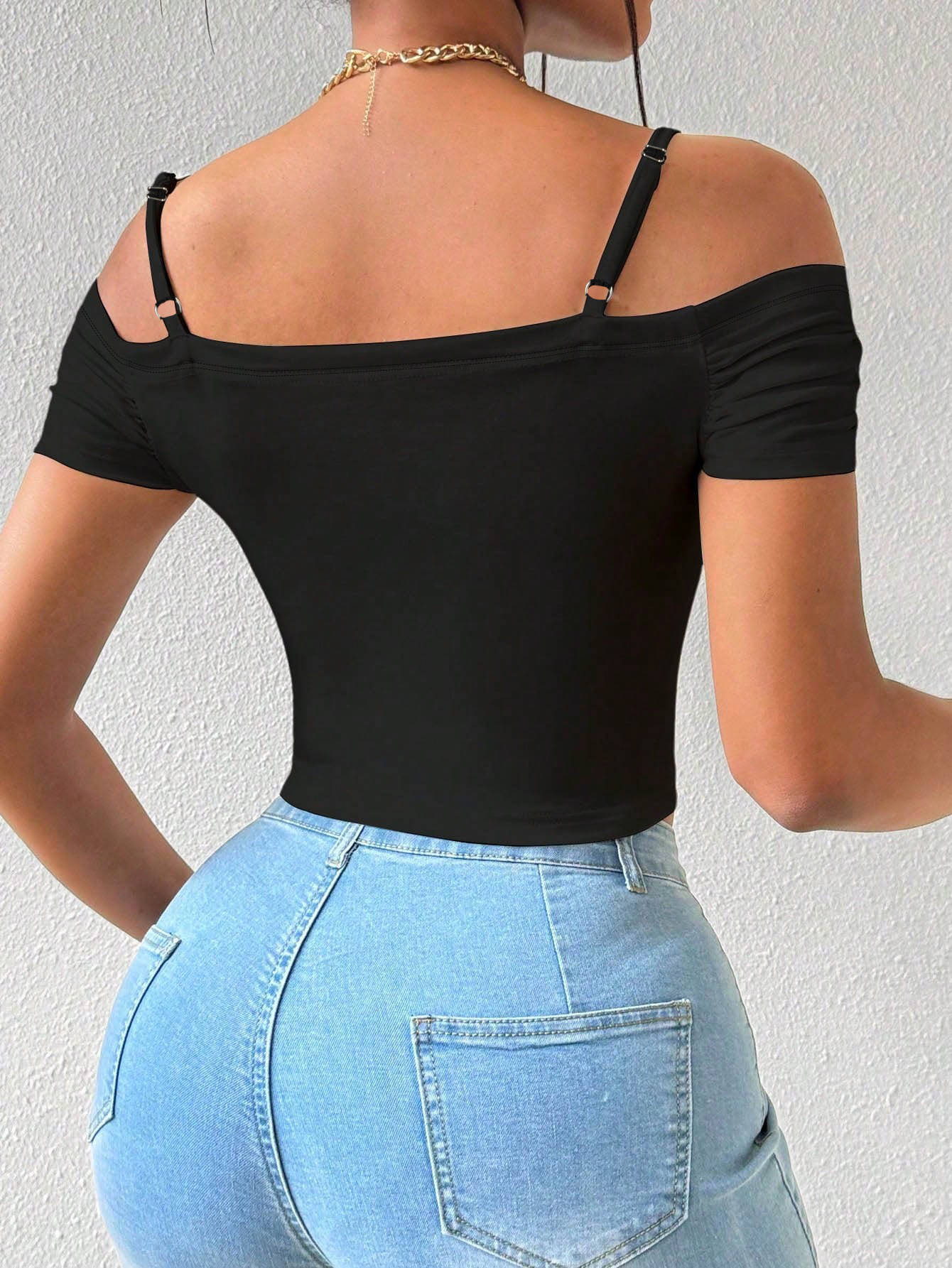 Woman's Off-Shoulder Spaghetti Strap Ruched Short Sleeve Bodysuit-Aegean-sea