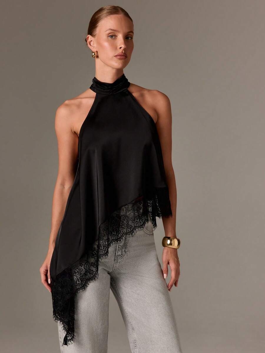 Black satin slingback vest, asymmetric lace stitching sleeveless top with asymmetric hem