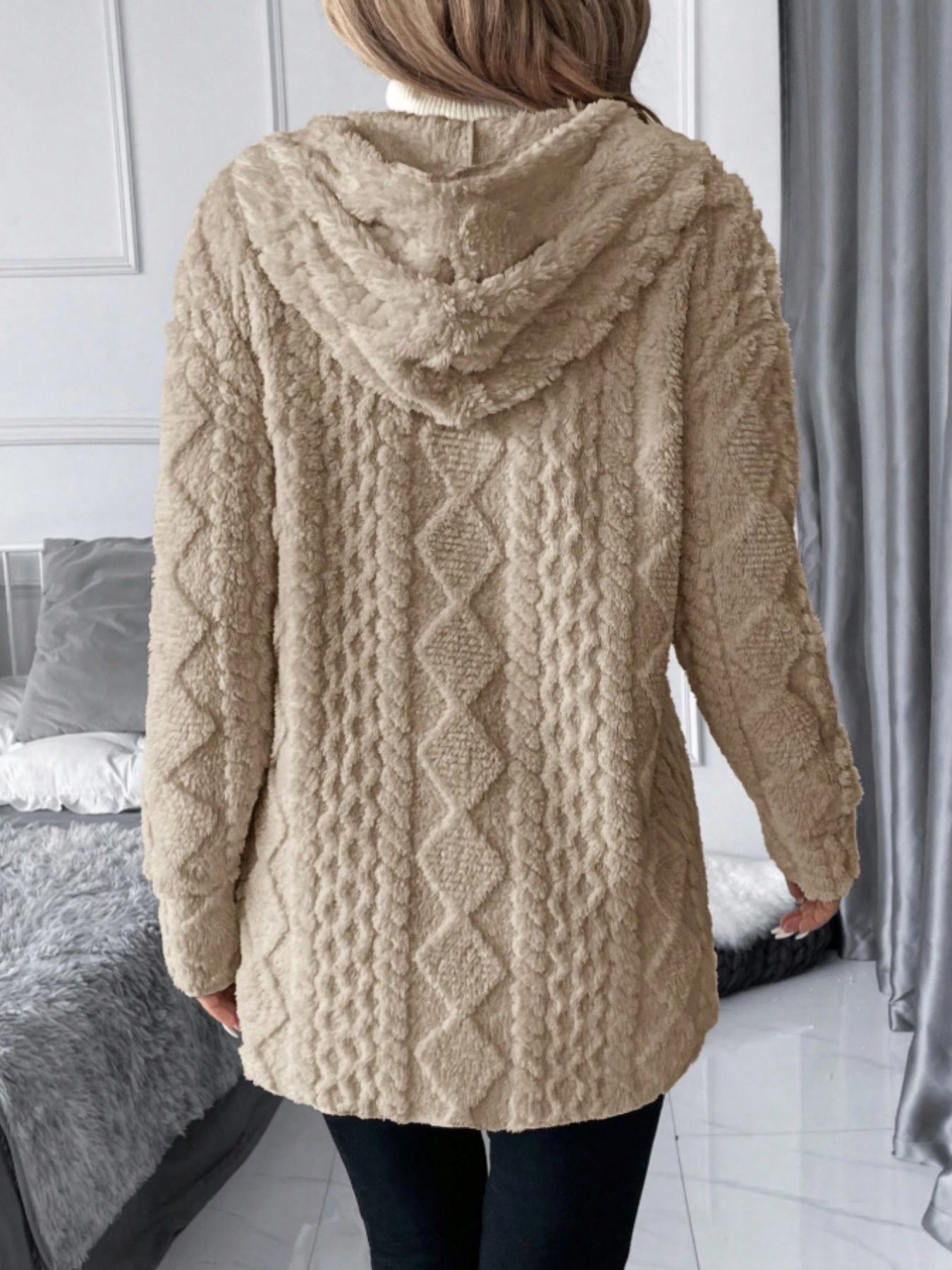 Woman's Soft Lazy Style Khaki Fleece Hooded Coat: Autumn-Winter Warm Mid-Length Textured Zip-Up Coat-Aegean-sea