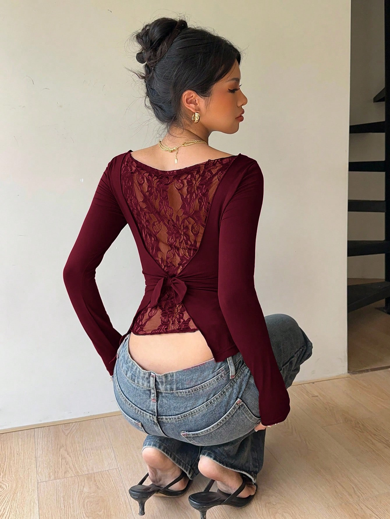 Woman's Burgundy Off-Shoulder Long Sleeve Top with Lace Bow Back