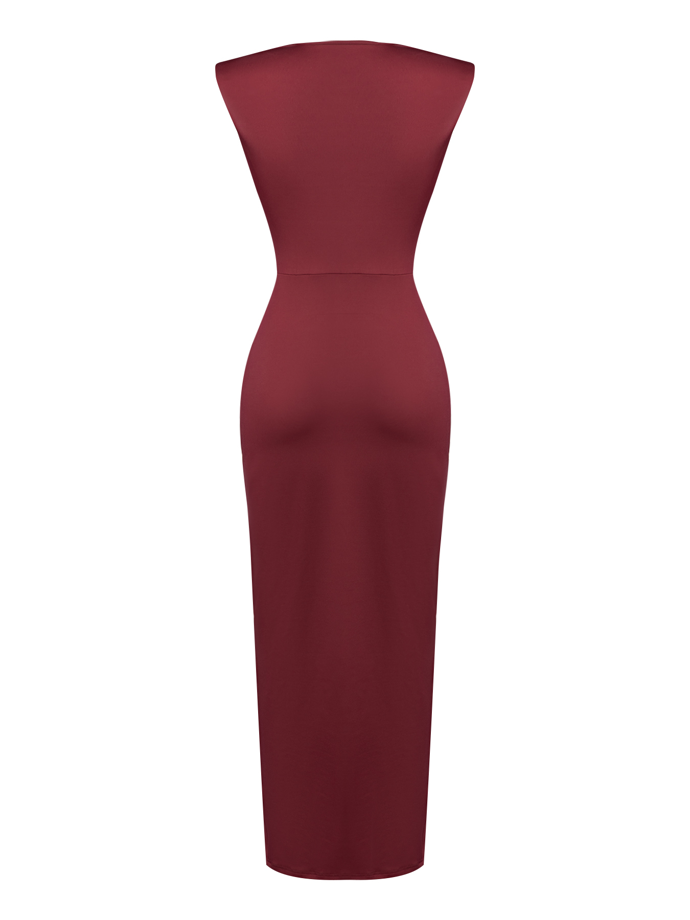 Woman's Burgundy Deep V Ruched O-Ring High Slit Dress-Aegean-sea