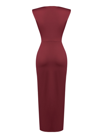 Woman's Burgundy Deep V Ruched O-Ring High Slit Dress-Aegean-sea