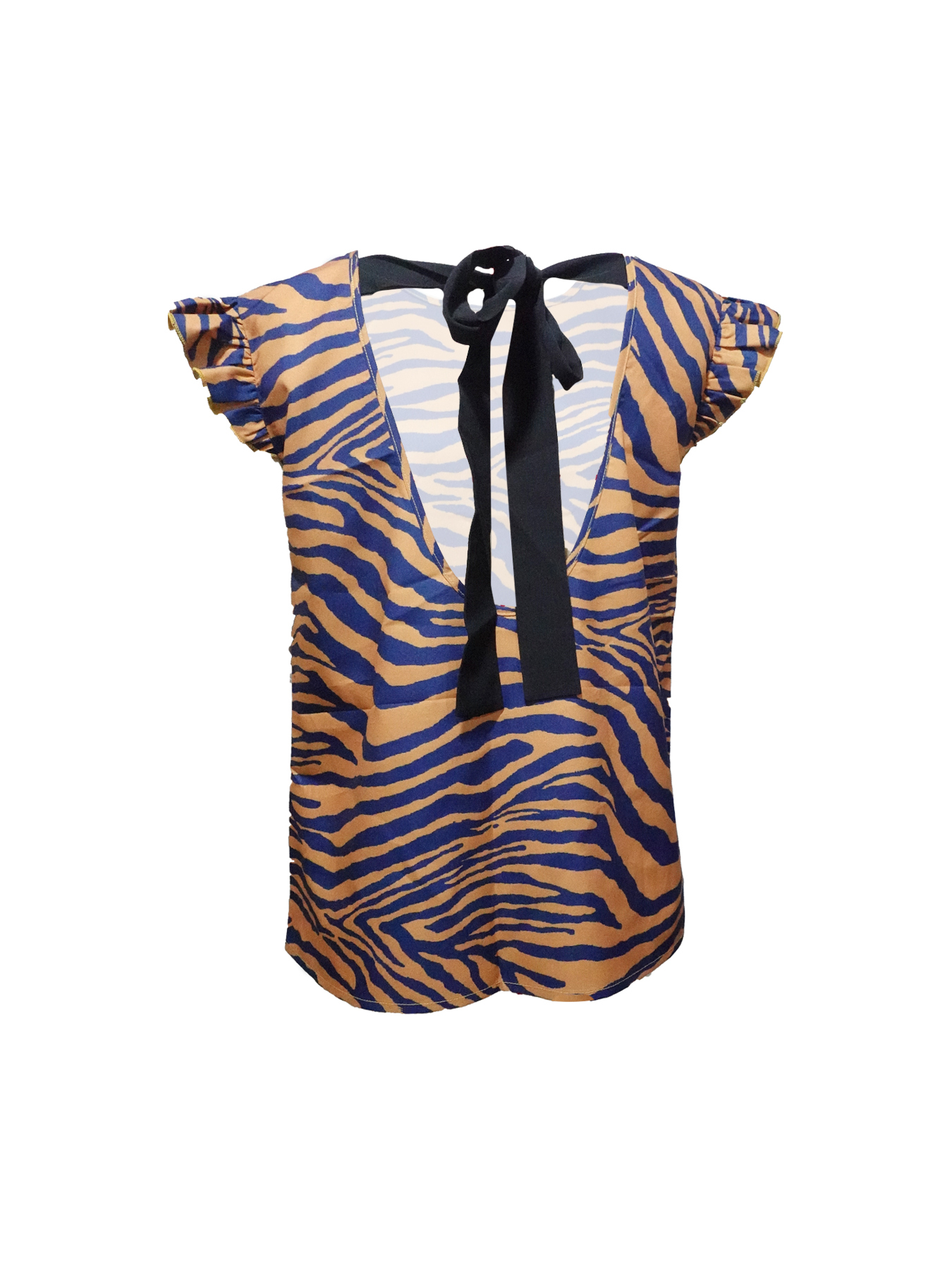Women's Brown and Blue Zebra Print Ruffle Sleeve Blouse-Aegean-sea