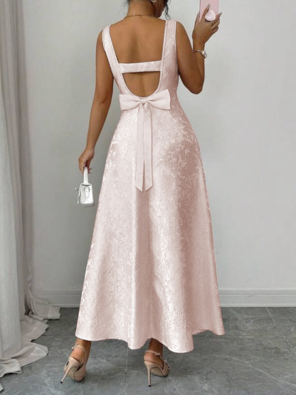 Pink floral-trimmed, bow-tied back dress, party dress