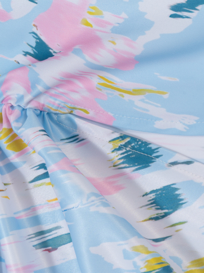 Woman's Pastel Abstract Print Satin Slip Dress with Ruched Detail