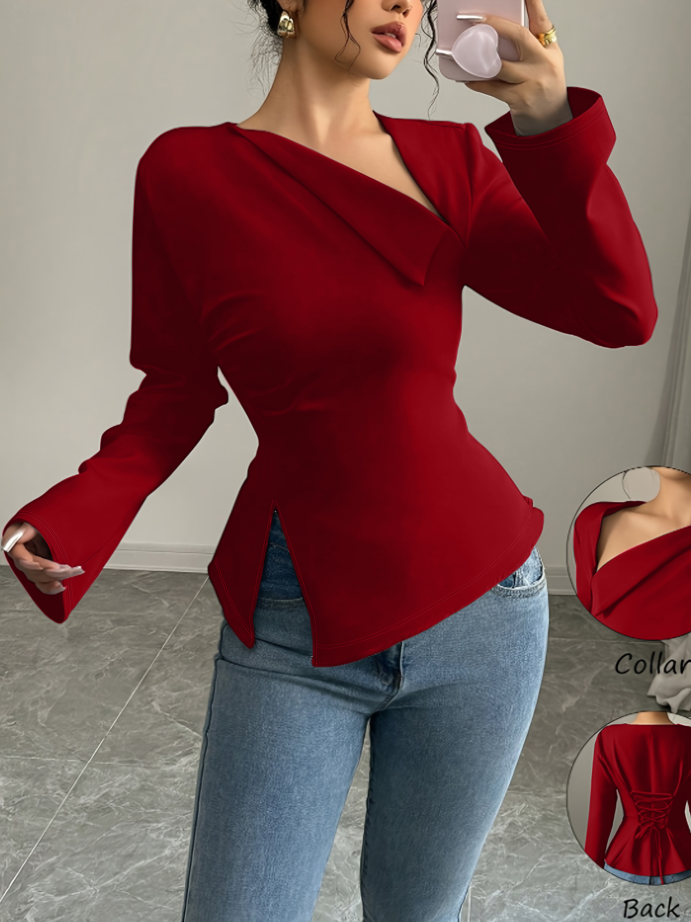 Camiseta con mangas acampanadas asimétricas de cuello para mujer con espalda de lazo y dobladillo de peplum-Aegean-sea