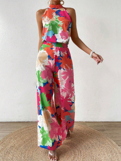 Flower-print floral neck-hanging suit, holiday wide-legged two-piece suit