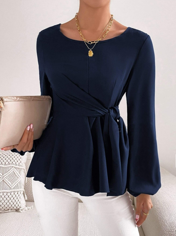 Camiseta de peplum de manga larga para mujer con cuello redondo, cintura de lazo y puños acampanados-Aegean-sea