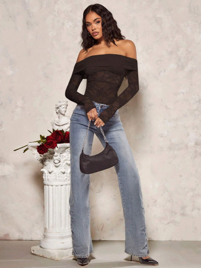 Brown single-shoulder lace through long-sleeved tailored top