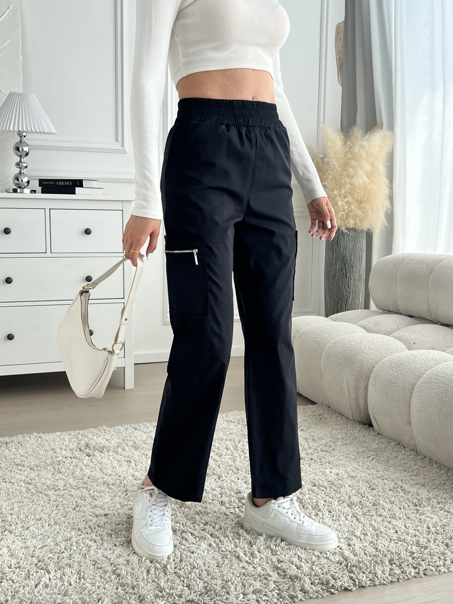 Woman's High Waist Elasticated Cargo Pants with Zipper Pockets-Aegean-sea