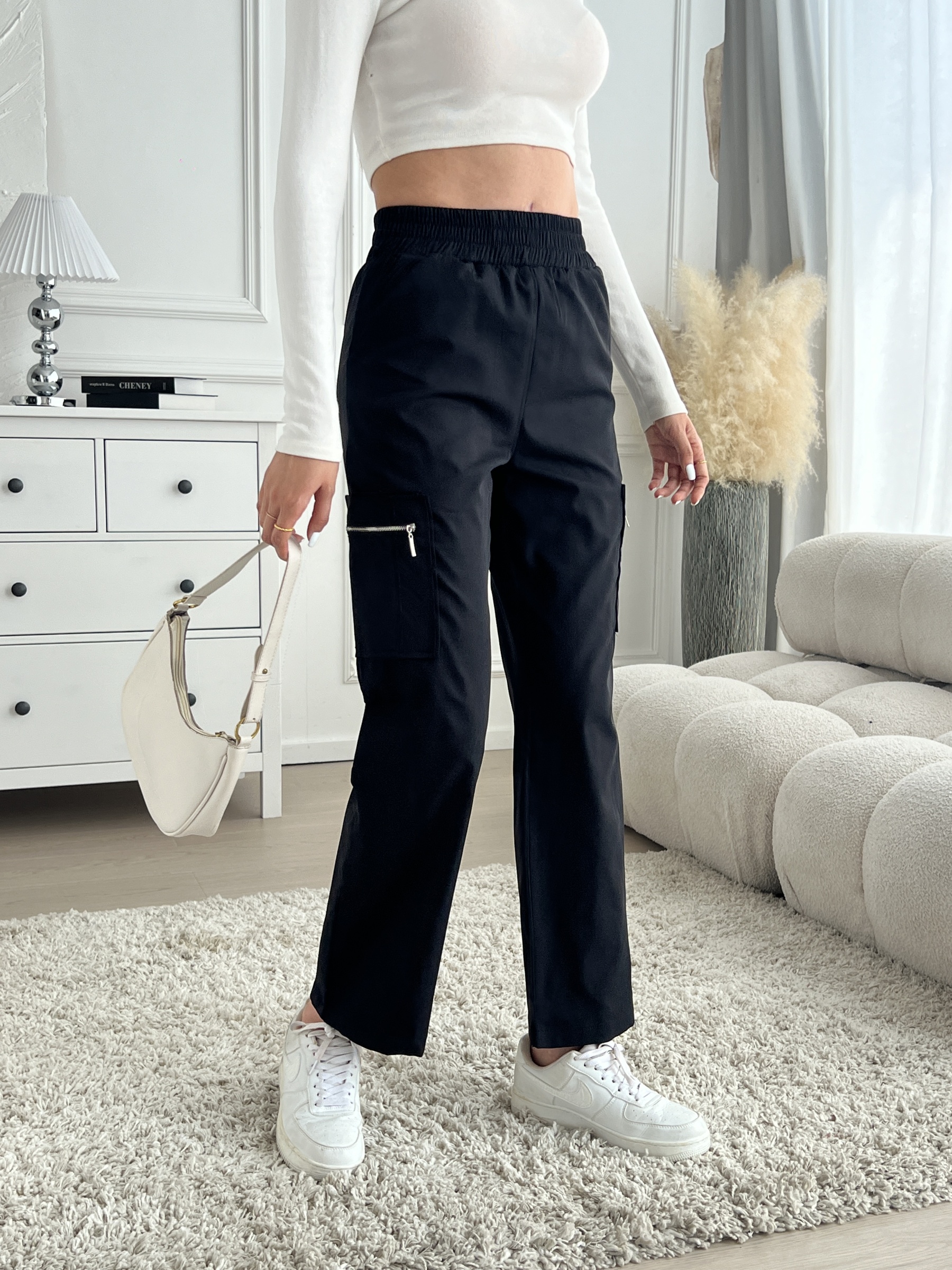 Woman's High Waist Elasticated Cargo Pants with Zipper Pockets-Aegean-sea