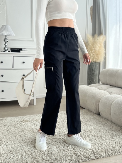 Woman's High Waist Elasticated Cargo Pants with Zipper Pockets-Aegean-sea