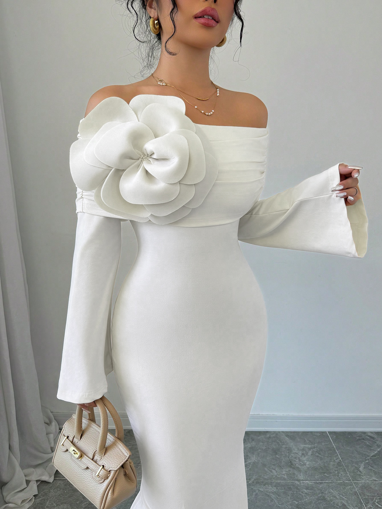 Women's White Off-The-Shoulder Long Sleeve Maxi Dress with Floral Applique-Aegean-sea