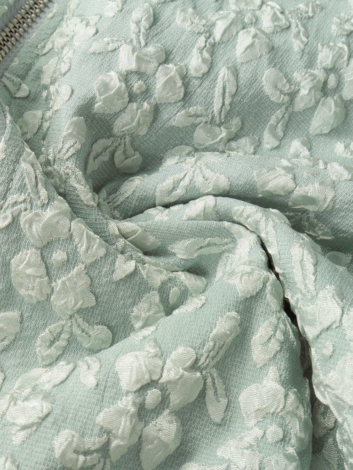 Light Green Textured Floral Puff Sleeve Zip-Up Jacket-Aegean-sea