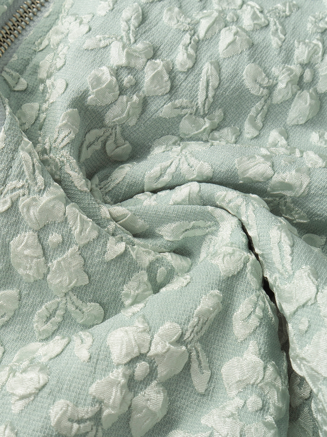 Light Green Textured Floral Puff Sleeve Zip-Up Jacket-Aegean-sea