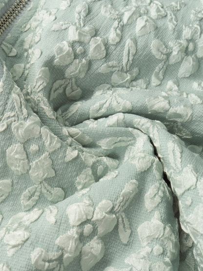 Light Green Textured Floral Puff Sleeve Zip-Up Jacket-Aegean-sea