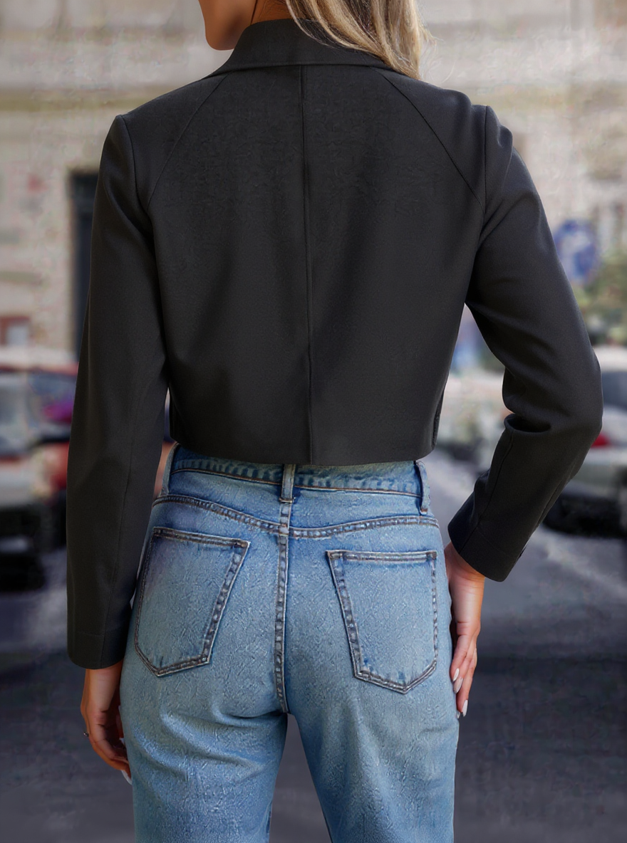 Woman's Black Cropped Double-Breasted Jacket with Metal Buttons-Aegean-sea