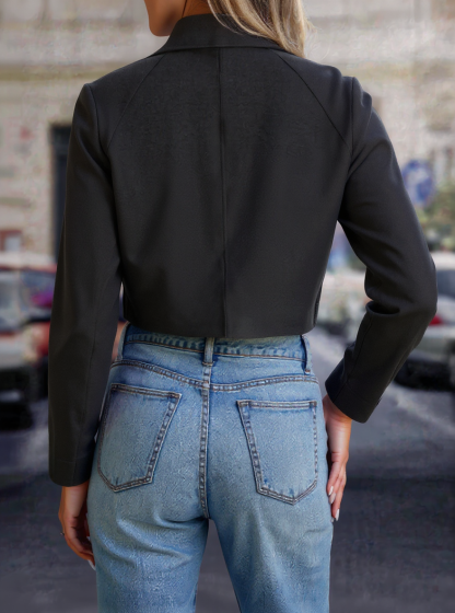 Woman's Black Cropped Double-Breasted Jacket with Metal Buttons-Aegean-sea