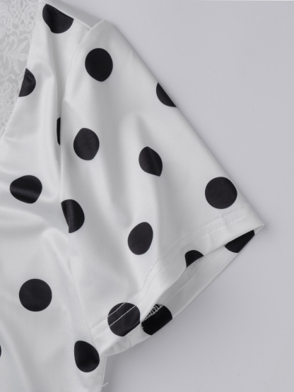 Dotted lace V-neck short-sleeved fishtail dress, party body wrap mid-length skirt