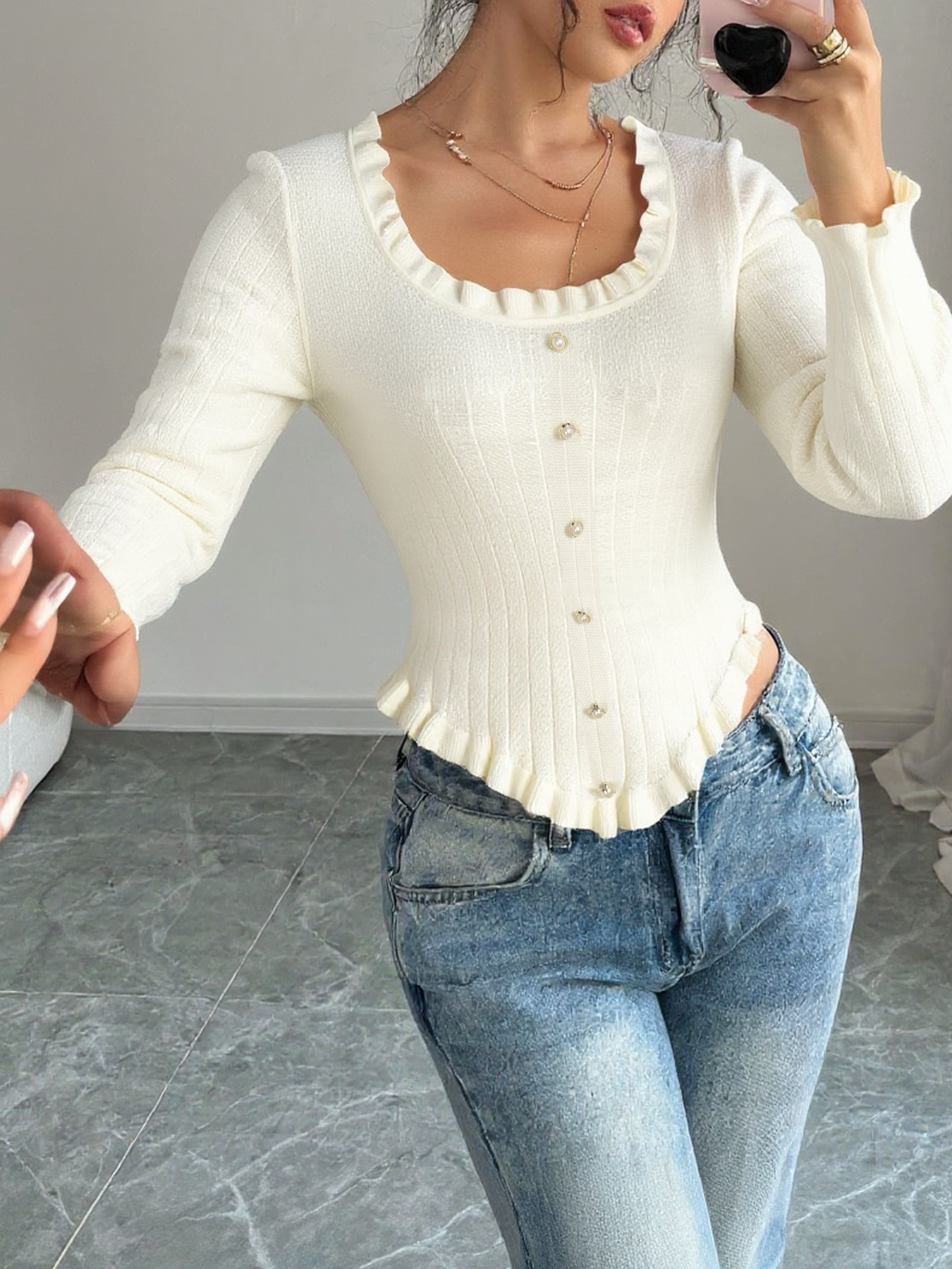 Woman's White Ruffled Square Neck Ribbed Knit Top with Pearl Buttons-Aegean-sea