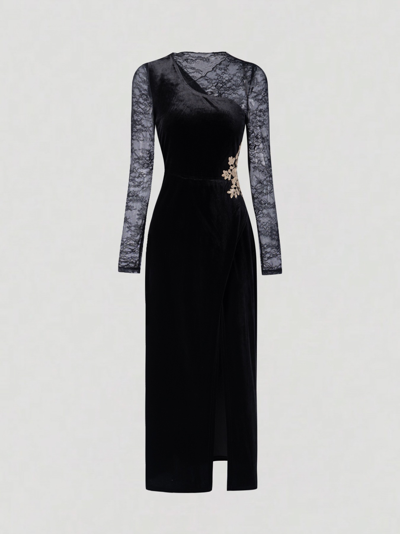 Black Velvet Lace Dress Split-Cut Long Dress Dress Sexy Long-Sleeve Bundle Tail Dress with Dinner Party Attitude