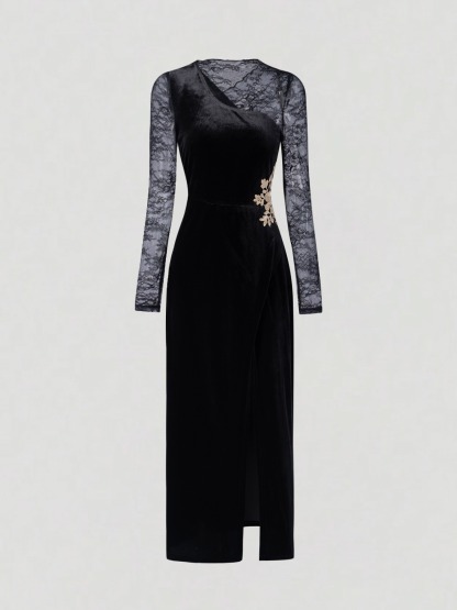 Black Velvet Lace Dress Split-Cut Long Dress Dress Sexy Long-Sleeve Bundle Tail Dress with Dinner Party Attitude