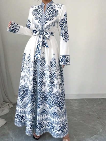 Tsinghua porcelain positioned floral print dress Standing collar with waist tie Long skirt with wide hem