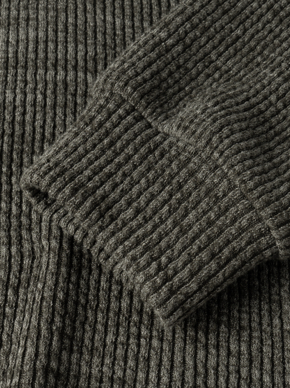 Gray Ribbed Half-Zip Polo Neck Knit Sweater-Aegean-sea