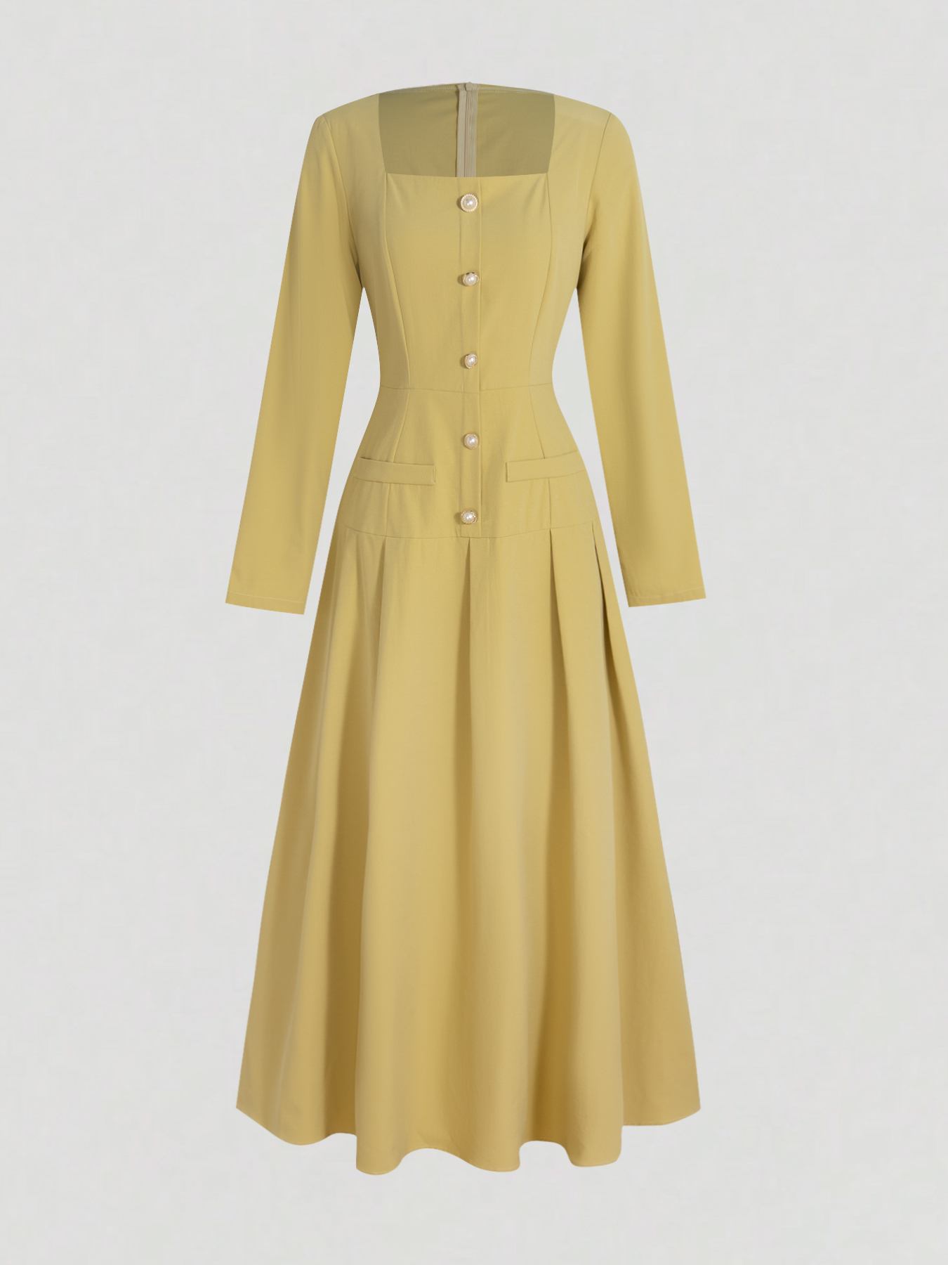Yellow square-collared, wide-waisted long skirt, long-sleeved single-breasted style dress