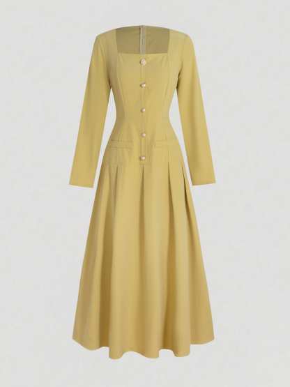 Yellow square-collared, wide-waisted long skirt, long-sleeved single-breasted style dress