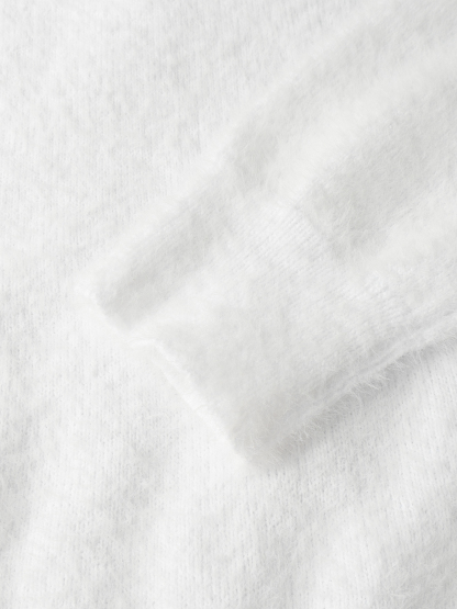 Women's White Fuzzy Crew Neck Long Sleeve Slim Fit Sweater