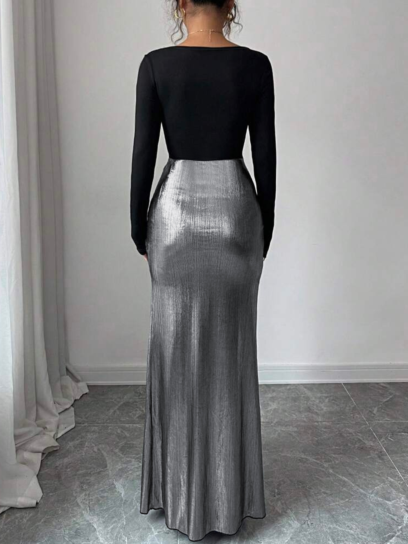 Black-and-silver pearl-stitched dress. Long skirt with square neck and long sleeves, tight and shiny. Sexy dress for dinner parties.-Aegean-sea