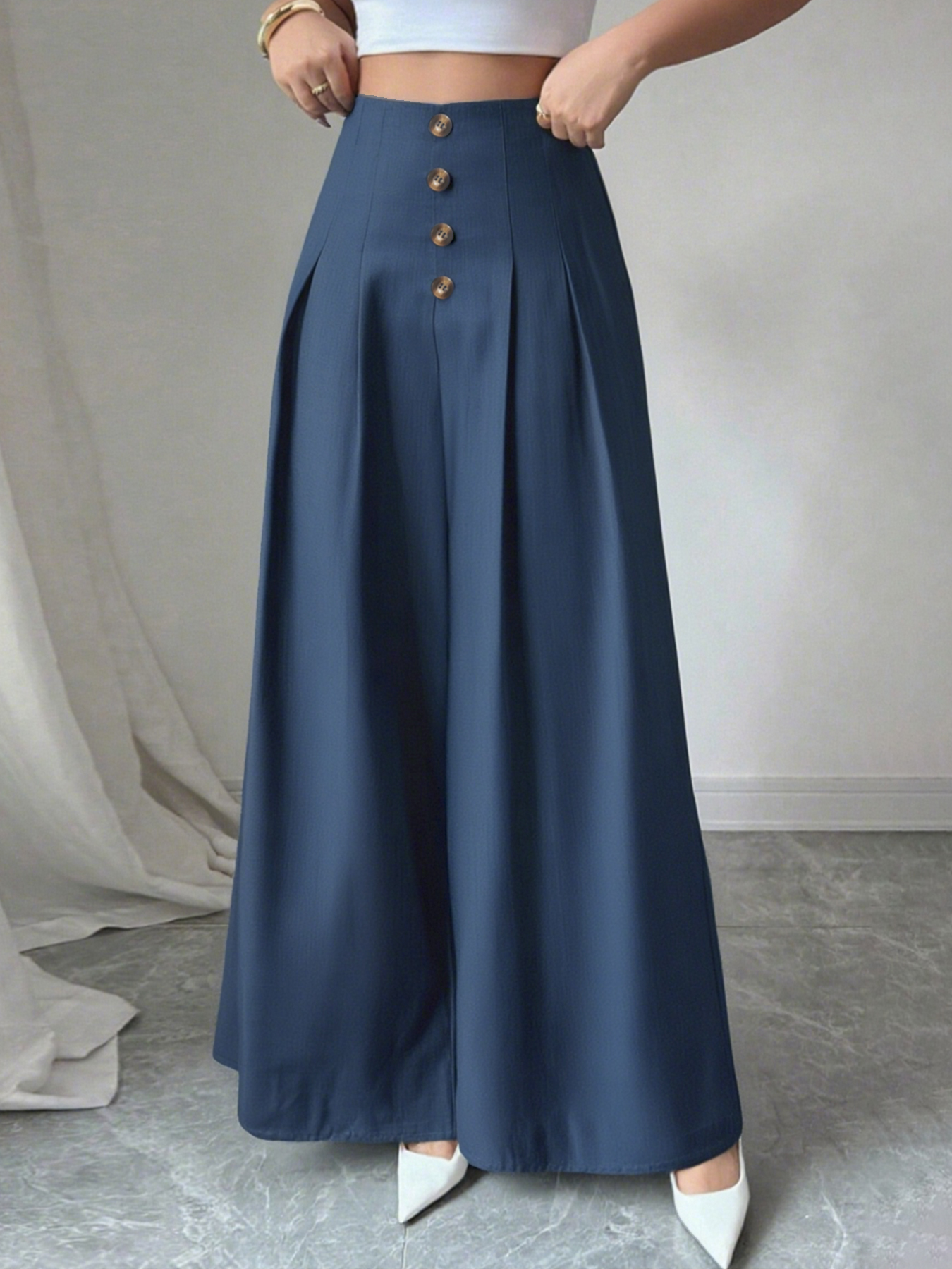 Navy-blue button-up wide-legged pants High-waisted loose-fitting long casual pants