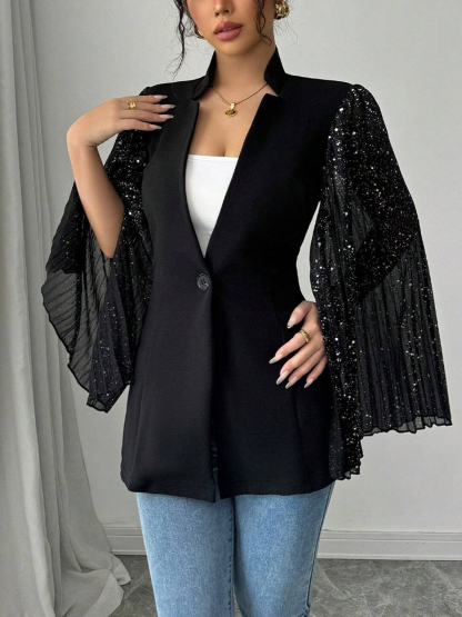Black Blazer with Glitter Flared Sleeves-Aegean-sea