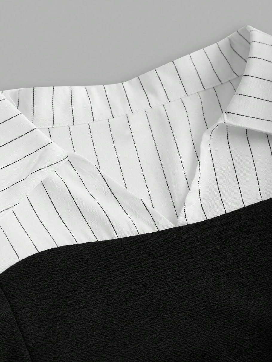 Woman's White Striped Sleeve Bustier Top & Black High-Waisted Flared Pants Two-Piece Set-Aegean-sea